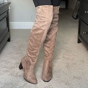 Qupid Taupe Over-the-Knee Suede Block Heel Boots